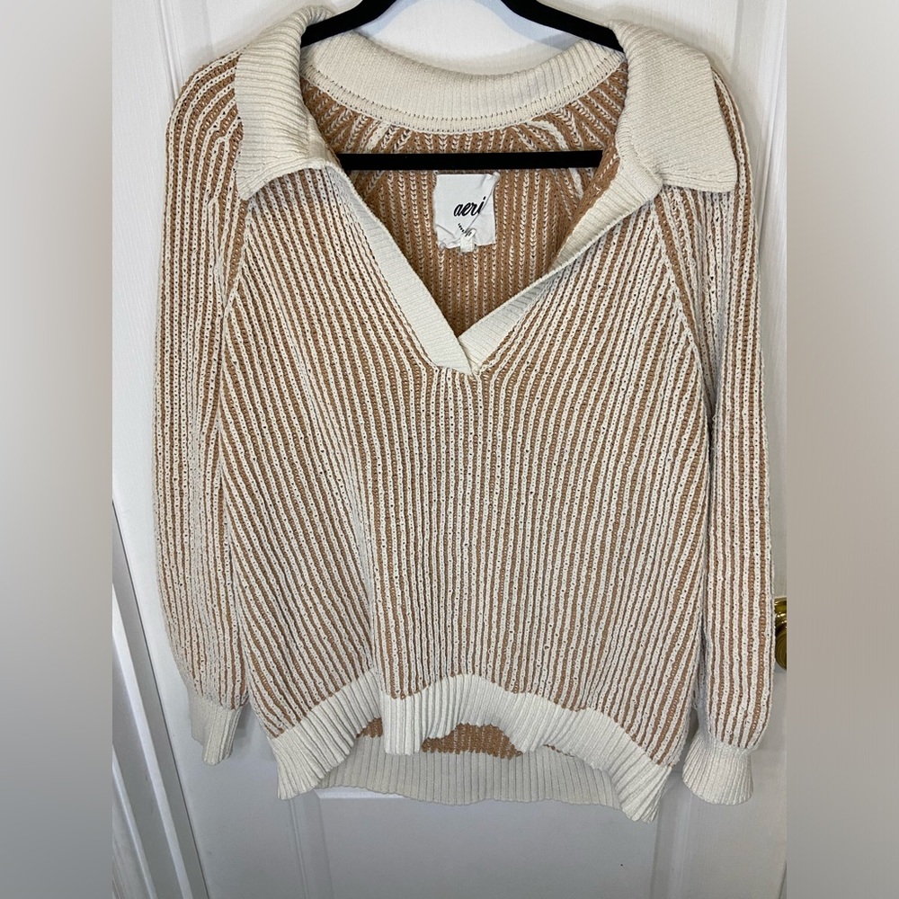 Aerie Cream and Brown V-Neck Sweater with Ribbed Knit